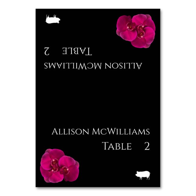 Wedding Place cards-Pork Icon-Black Fuchsia White- Table Number (Front)