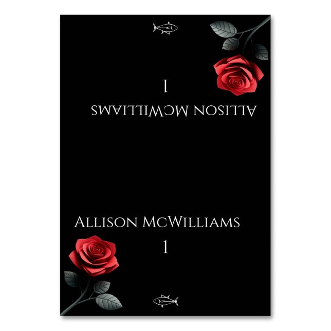 Wedding Place cards-Single Red Rose-Fish Table Number (Front)