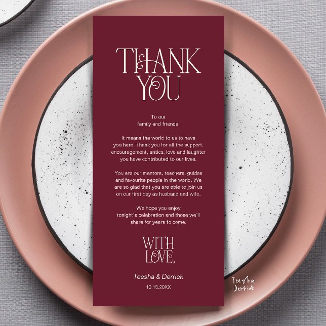 Wedding Place Setting Thank You Wine Red Card (Modern Minimalist Wedding Dinner Place Setting Thank You Burgundy Wine Red Card)