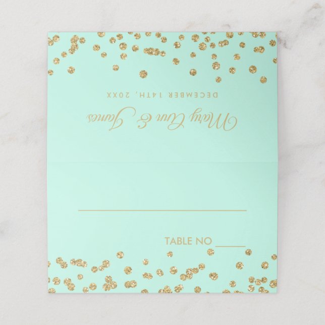 Wedding Placecards Gold Glitter Confetti Mint (Outside Unfolded)