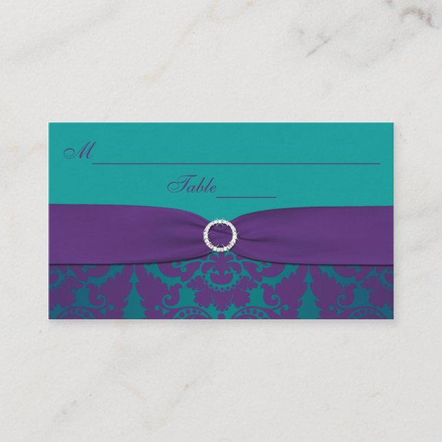 Wedding Placecards | Purple, Teal Damask (Front)