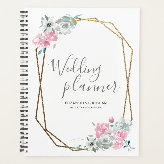 Wedding planner aquarelle fleur or cadre géo (Devant)