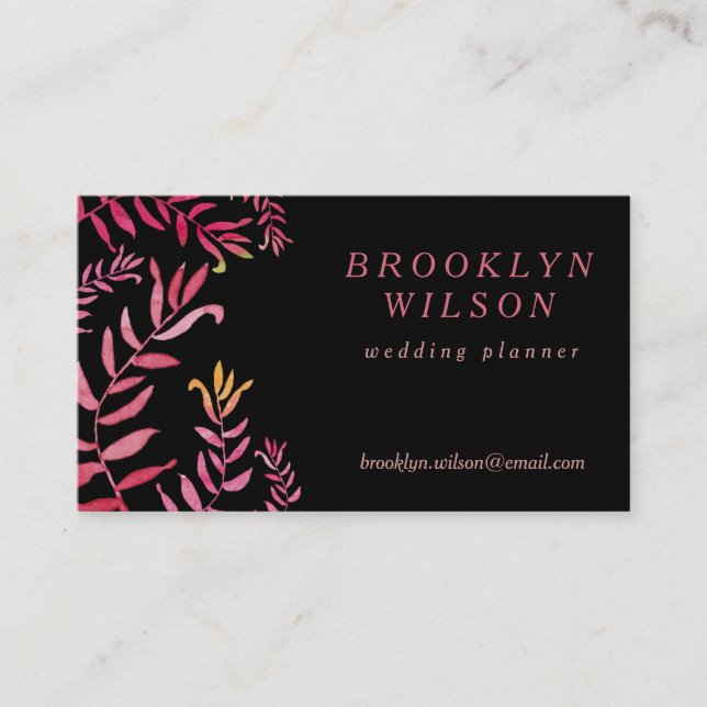 Wedding Planner Black With Pink Leaves Business Card (Front)