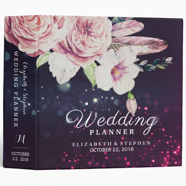 Wedding Planner Boho Floral Feather & Purple Light Binder (Front/Spine)