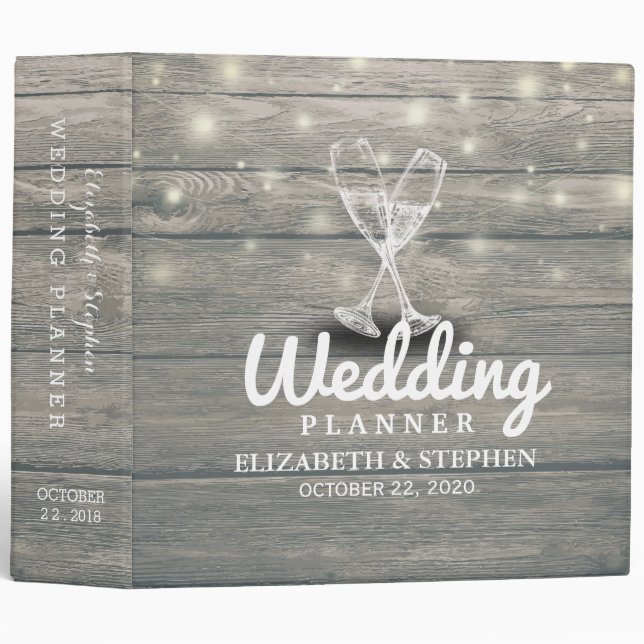 Wedding Planner Champagne Glass Wood String Lights Binder (Front/Spine)