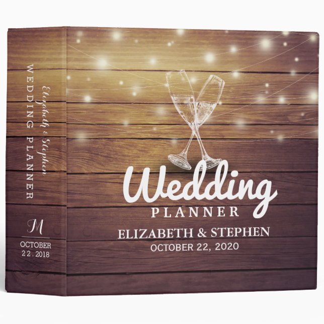 Wedding Planner Champagne Glass Wood String Lights Binder (Front/Spine)