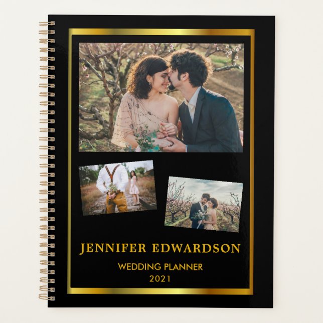 Wedding planner de collage photo en or noir modern (Devant)