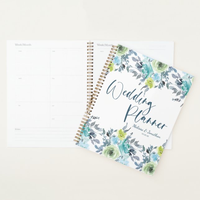 Wedding planner floral bleu clair jaune vert (Devant avec enveloppe)