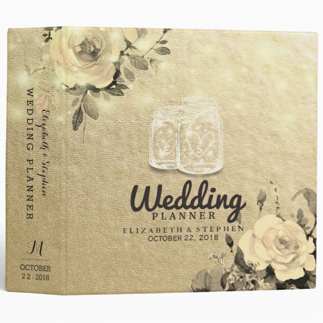 Wedding Planner Floral Mason Jar String Light Gold Binder (Front/Spine)