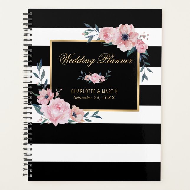 Wedding planner floral noir et blanc or rose (Devant)