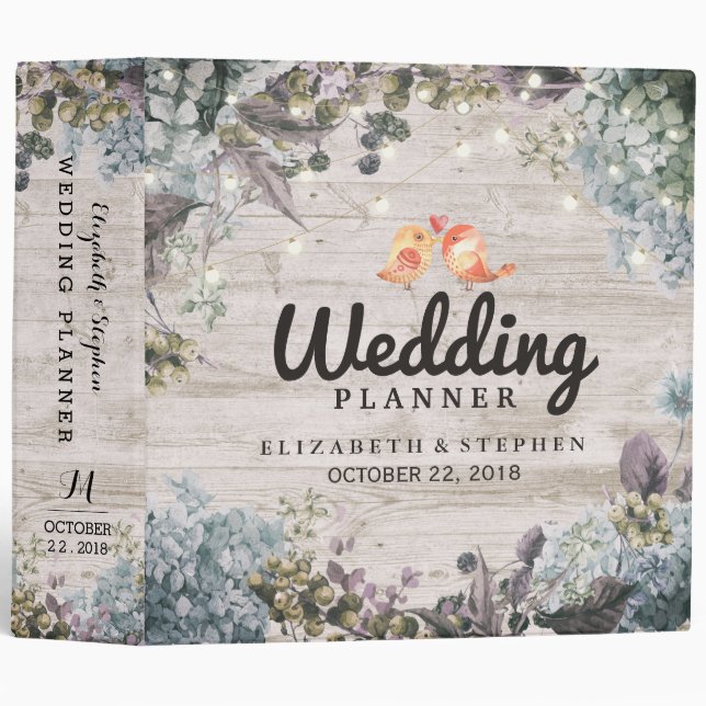 Wedding Planner Floral String Lights & Rustic Wood Binder (Front/Spine)