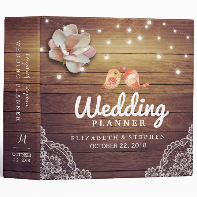 Wedding Planner Floral String Lights Wood Lace Binder (Front/Spine)