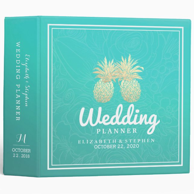 Wedding Planner Golden Pineapple Couple Teal Roses Binder (Front/Spine)