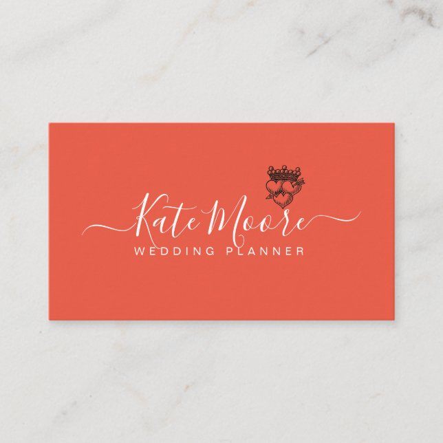 Wedding Planner Hearts Crown Red Orange Business Card (Front)