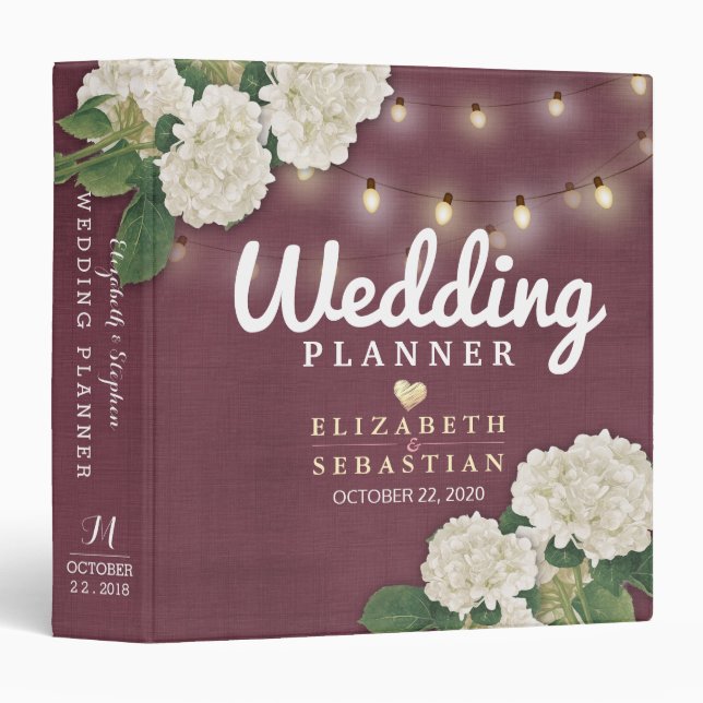 Wedding Planner Hydrangeas String Lights Burgundy Binder (Front/Spine)