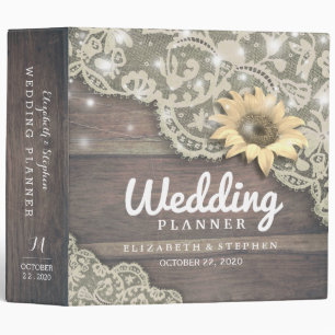 Wedding Planner Lace Sunflower Rustic Wood Lights Binder