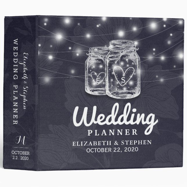 Wedding Planner Mason Jars String Lights Navy Blue Binder (Front/Spine)