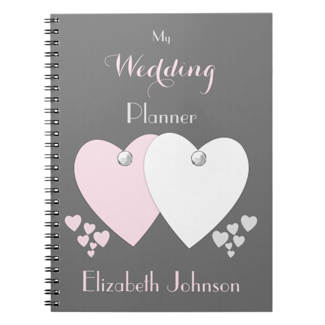Wedding planner pink and grey with hearts and name notebook (Front)
