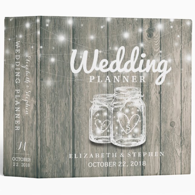Wedding Planner Rustic Wood Mason Jar String Light Binder (Front/Spine)