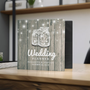 Wedding Planner Rustic Wood Mason Jar String Light Binder