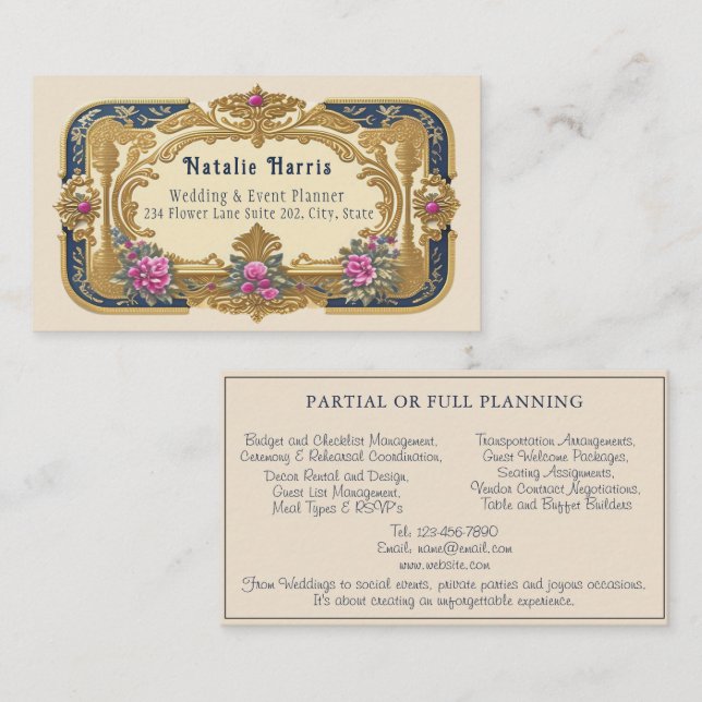 Wedding Planner Victorian Pink Roses Gold Business Card (Front/Back)
