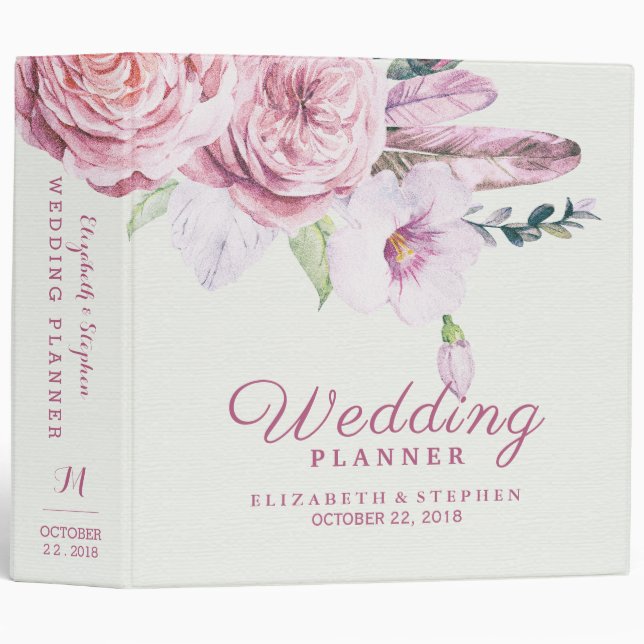 Wedding Planner Watercolor Boho Floral Feather Binder (Front/Spine)