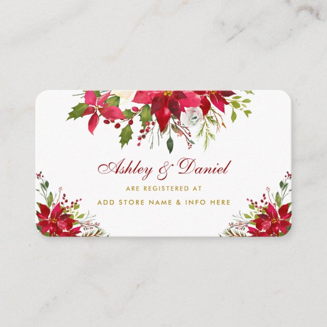 Wedding Poinsettia Floral Gold Red Registry Enclosure Card (Front)