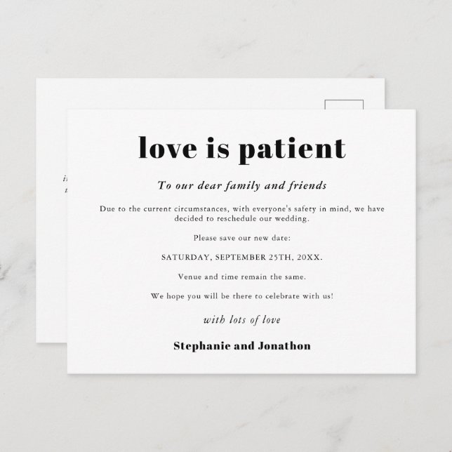 Wedding Postpone Love Is Patient Save New Date Announcement Postcard (Front/Back)