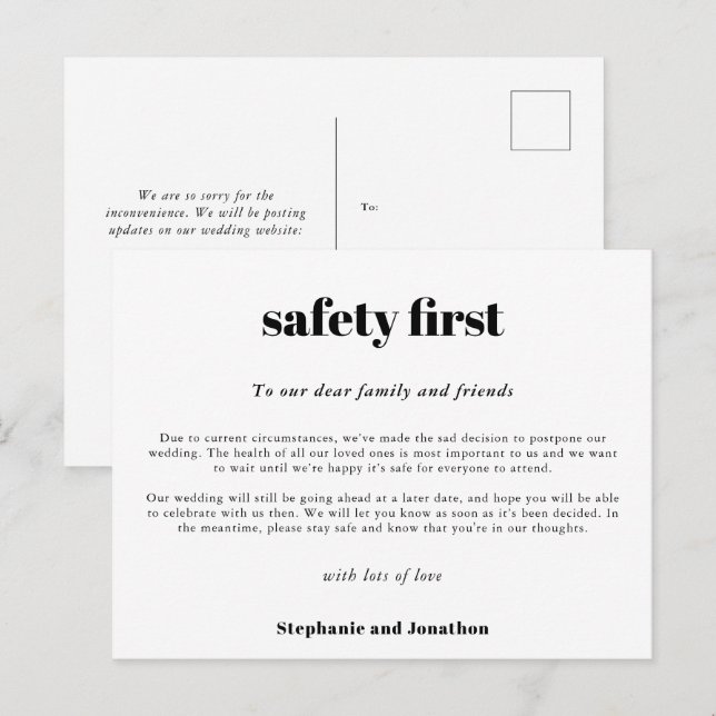 Wedding Postpone Safety First COVID Script White Announcement Postcard (Front/Back)