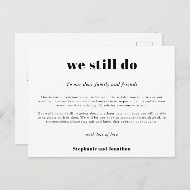 Wedding Postpone We Still Do COVID Script White Announcement Postcard (Front/Back)
