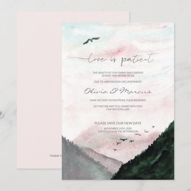 WEDDING Postponed Announcement Watercolor Mountain (Front/Back)