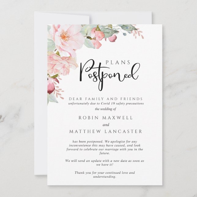Wedding Postponed- Cancellation - Plans Postponed Invitation (Front)