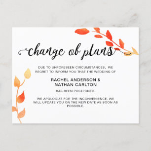 Wedding Postponed Cancelled Fall Autumn Change Announcement Postcard