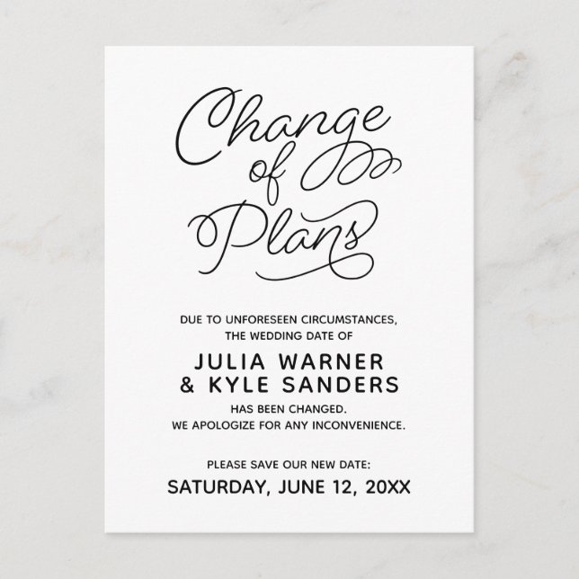 Wedding Postponed Change of Plans Postcard (Front)