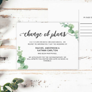 Wedding Postponed Eucalyptus Cancellation Simple Announcement Postcard