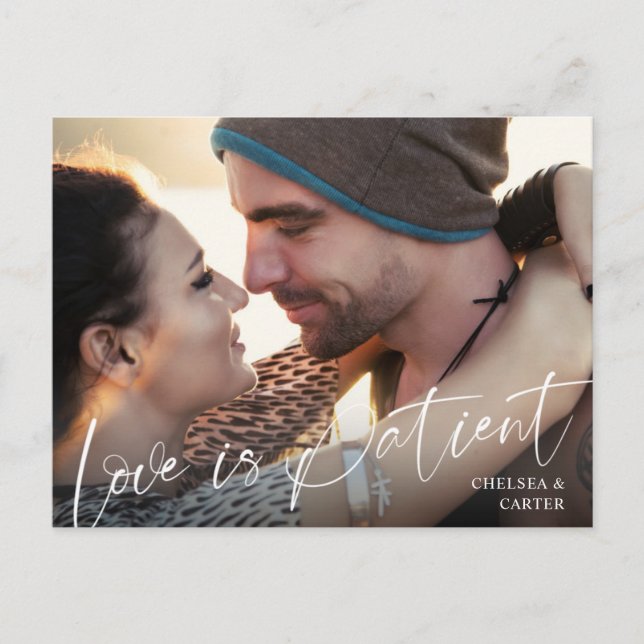 Wedding Postponed LOVE IS PATIENT Script Photo Postcard (Front)