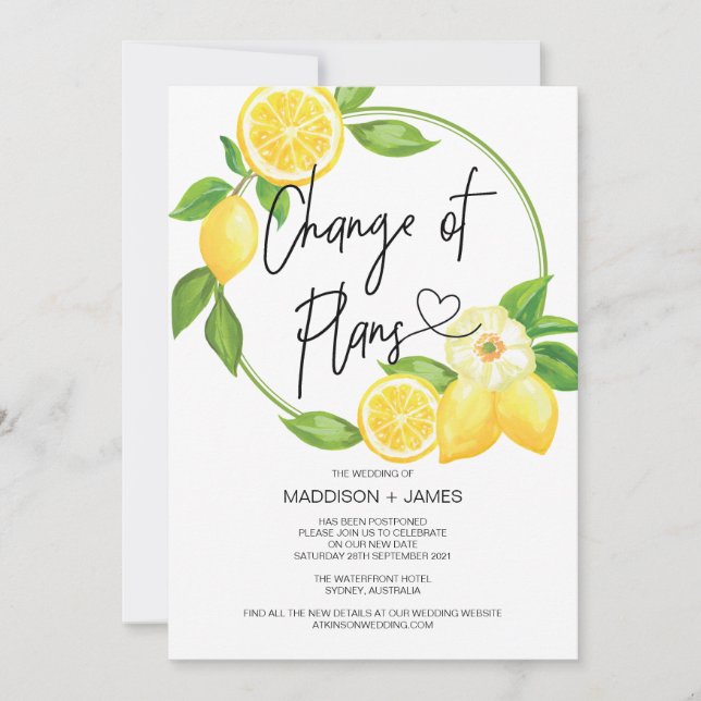 Wedding Postponed Notes Change of Plans Lemons Invitation (Front)
