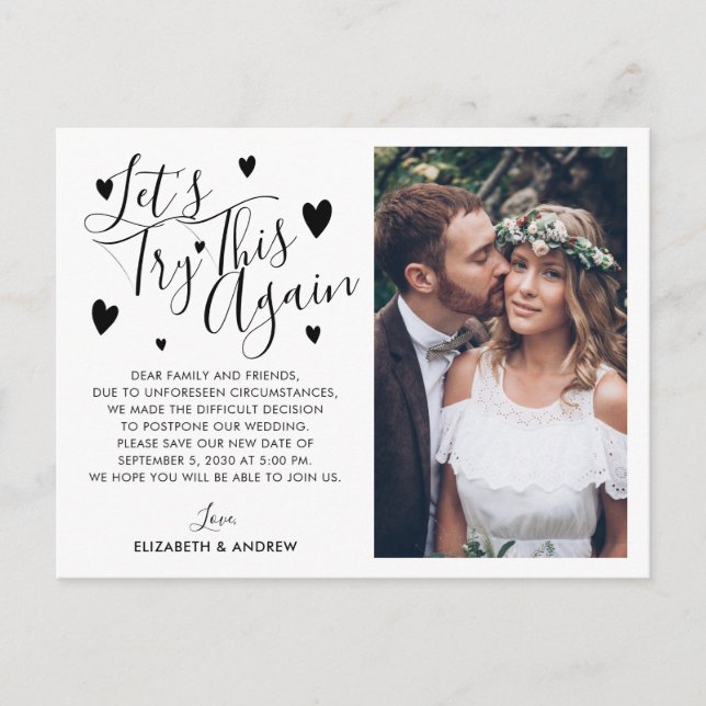 Wedding Postponement Change Date Try Again Photo Announcement Postcard (Front)