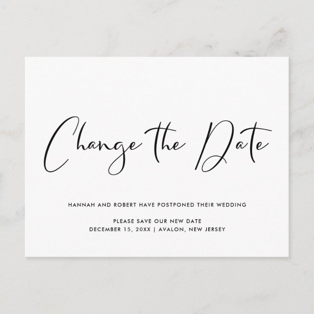 Wedding Postponement Change of Date Black White Announcement Postcard (Front)