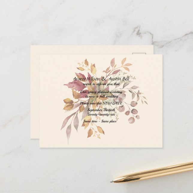 Wedding Postponement Fall Colours Announcement Postcard (Front/Back In Situ)