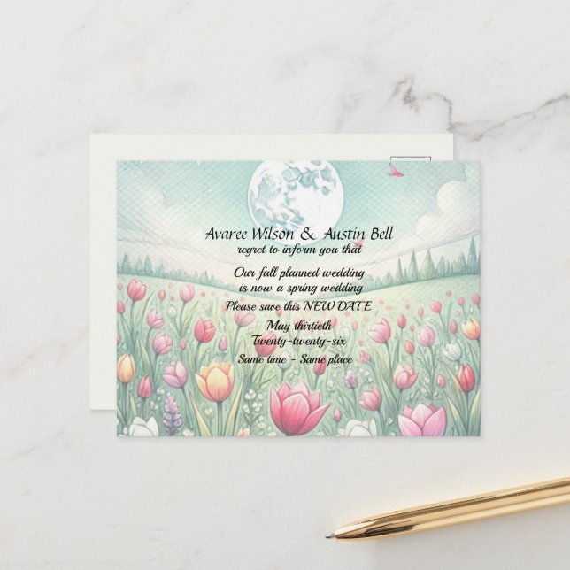 Wedding Postponement Fall Colours Announcement Postcard (Front/Back In Situ)