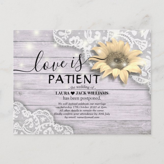 Wedding Postponement Love is Patient Sunflowers Announcement Postcard (Front)