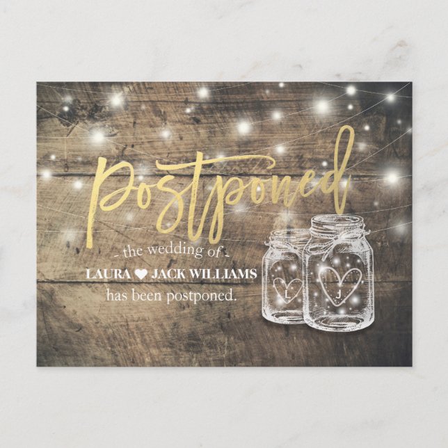 Wedding Postponement Mason Jars String Lights Wood Announcement Postcard (Front)