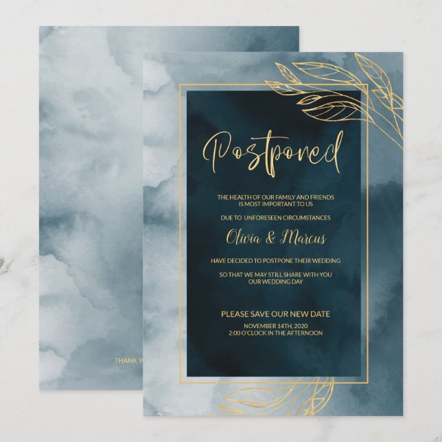 Wedding Postponement Navy and Gold Watercolor Invitation (Front/Back)