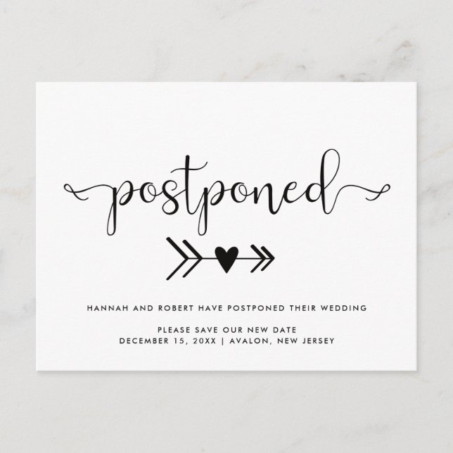 Wedding Postponement & New Date Heart Black White Announcement Postcard (Front)