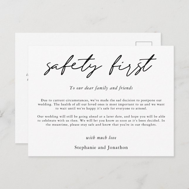 Wedding Postponement Safety First COVID Script Announcement Postcard (Front/Back)
