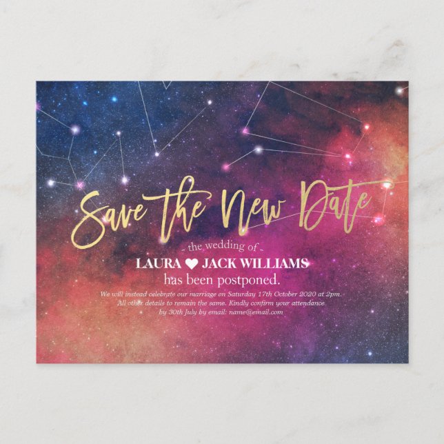 Wedding Postponement Save the New Date Galaxy Star Announcement Postcard (Front)