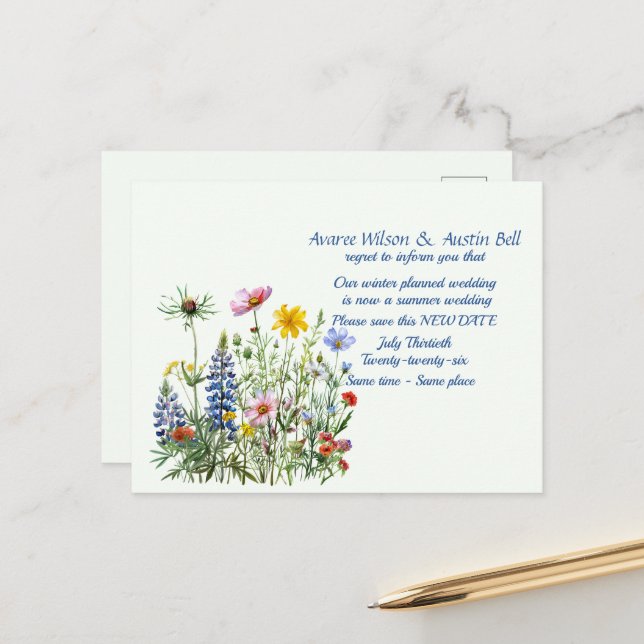 Wedding Postponement Summer Colours Announcement Postcard (Front/Back In Situ)