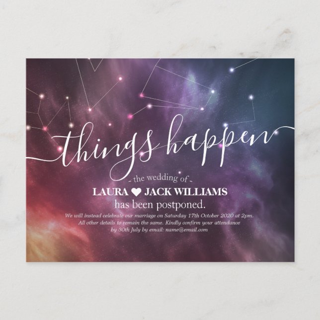 Wedding Postponement Things Happen Galaxy Nebula Announcement Postcard (Front)