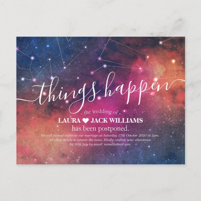 Wedding Postponement Things Happen Galaxy Nebula Announcement Postcard (Front)